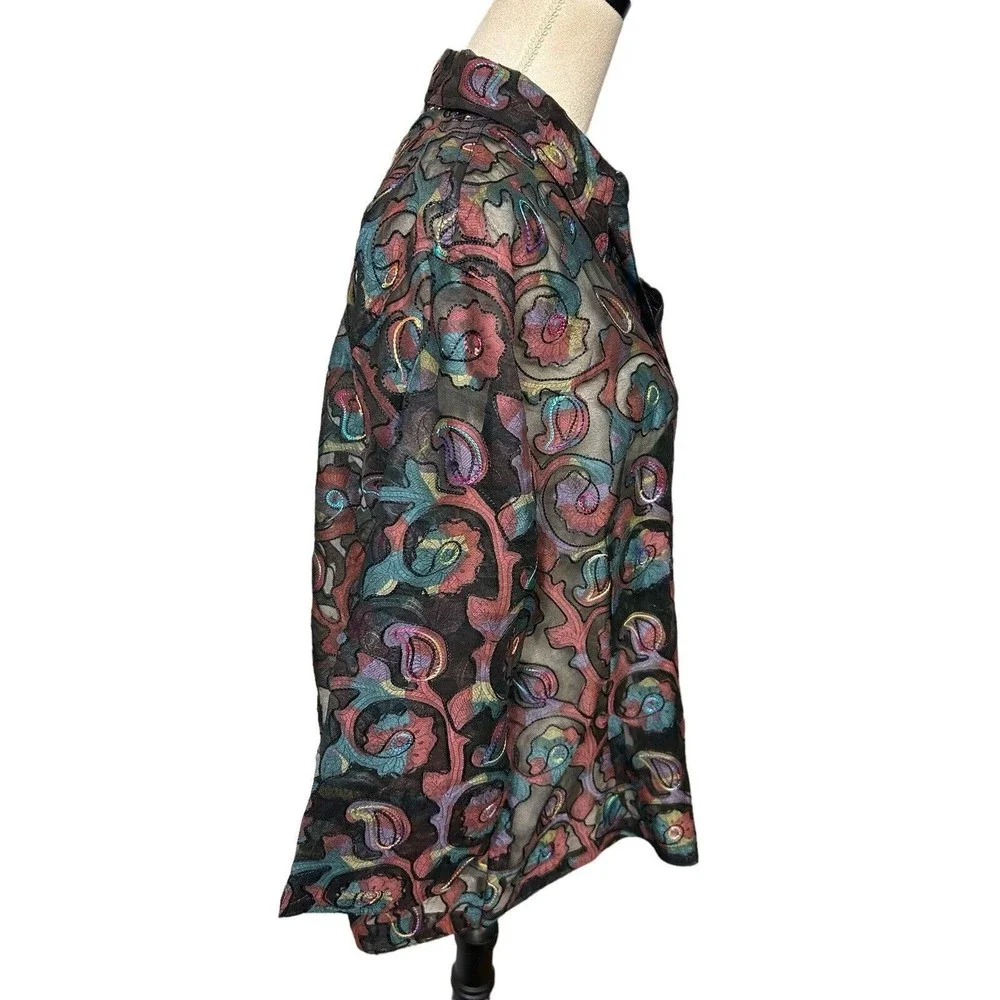 Chico's Design Vintage 90s Sheer Burnout Paisley Silk Blend Embroidered Top Sz 3